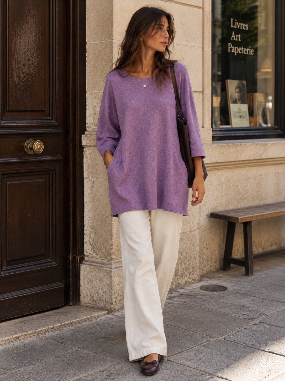 Pure Jill Cotton Cashmere Langenlook Tunic Sweater Purple Oversized Pocket M